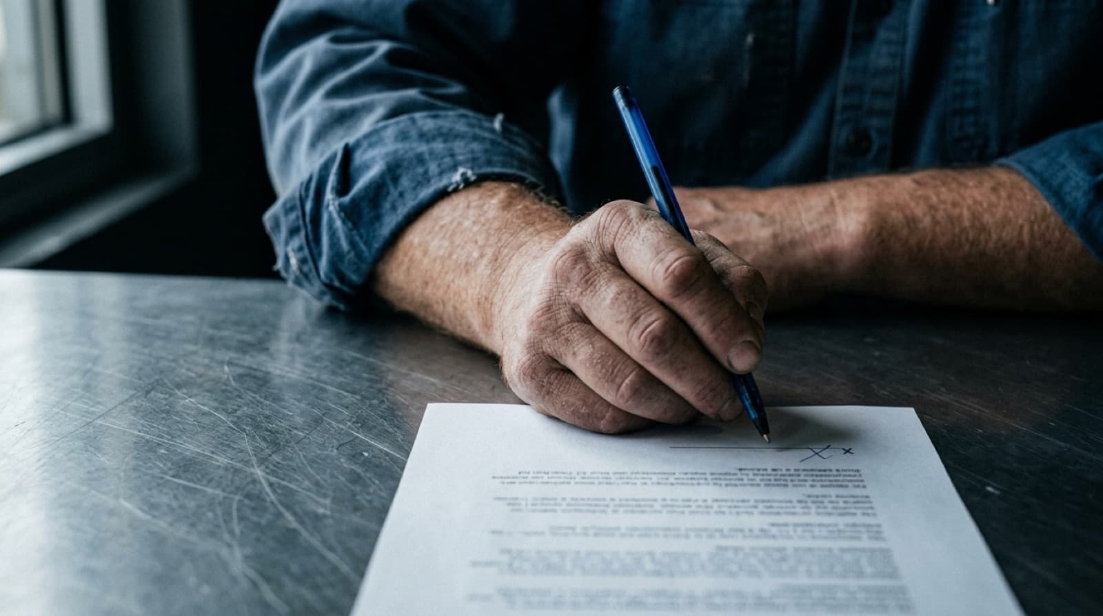 Mano de un trabajador dudando con la lapicera sobre la línea de firma de un documento