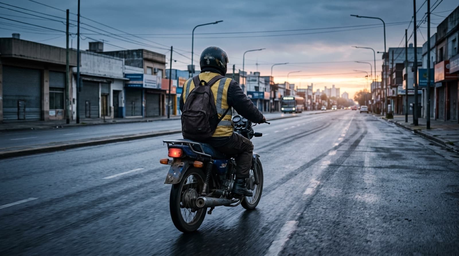 Trabajador en moto por una avenida del sur del Gran Buenos Aires al amanecer
