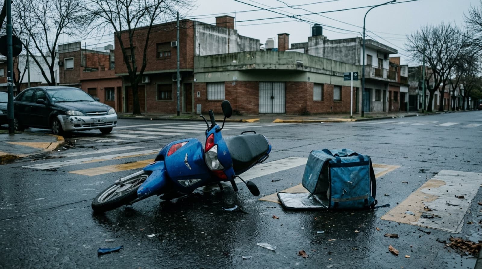 Moto de reparto caída en el asfalto mojado tras un choque