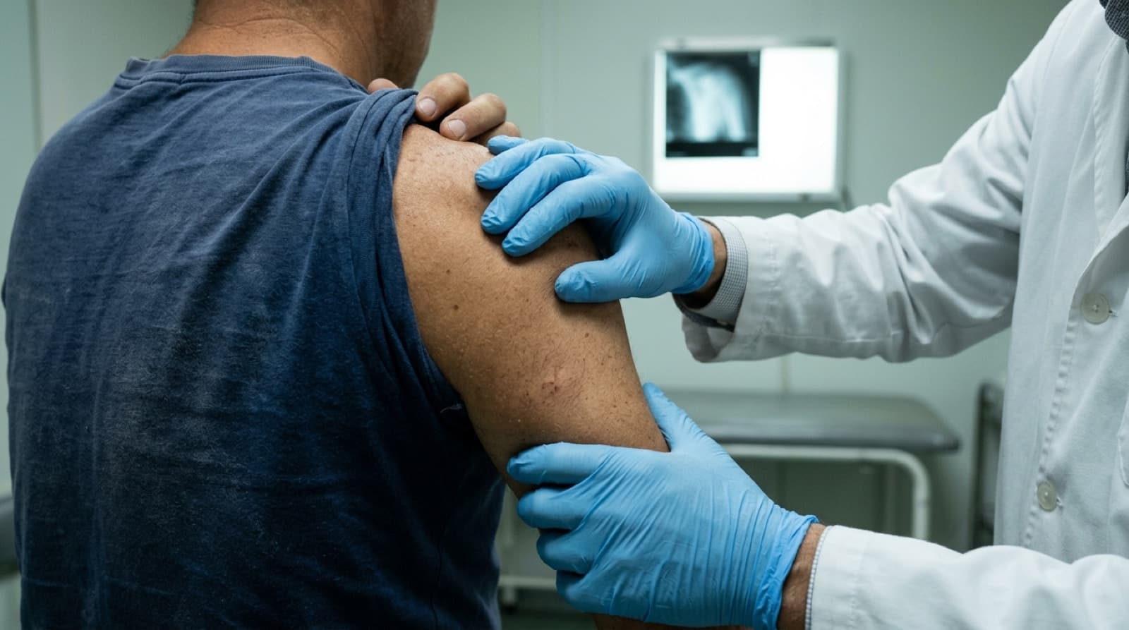 Médico revisando el hombro de un trabajador en un consultorio