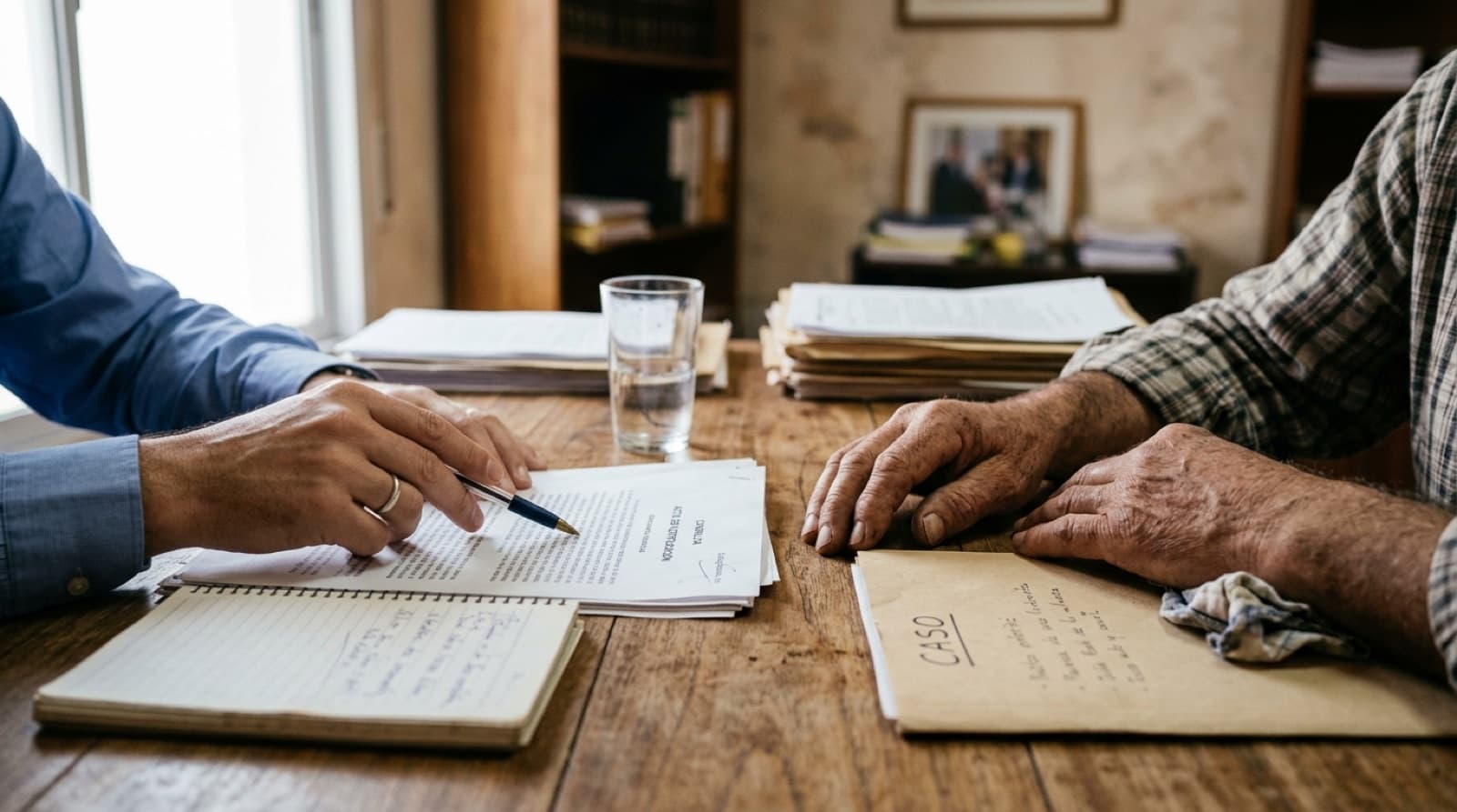 Manos de un abogado y de un trabajador sobre un escritorio con documentos y un expediente