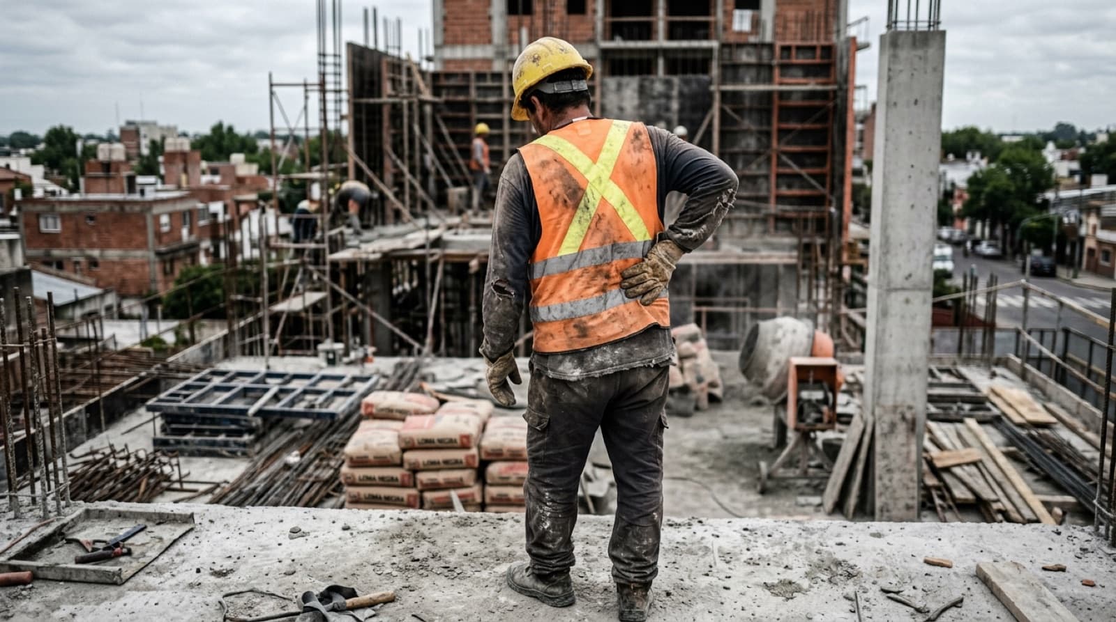 Obrero de la construcción de espaldas sosteniéndose la zona lumbar en una obra