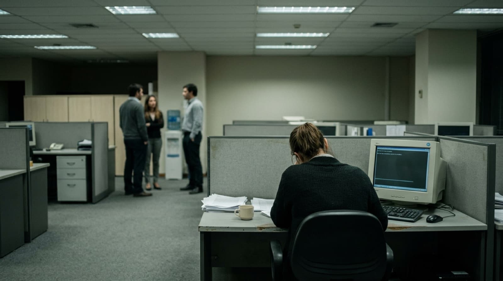 Trabajadora sola en un escritorio apartado mientras un grupo conversa al fondo